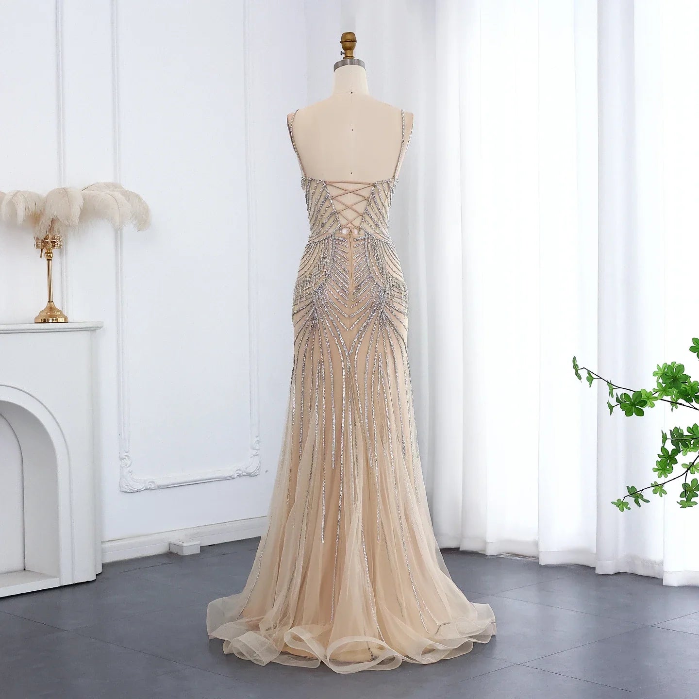 Crystal Tassel Mermaid Spaghetti Straps Gown
