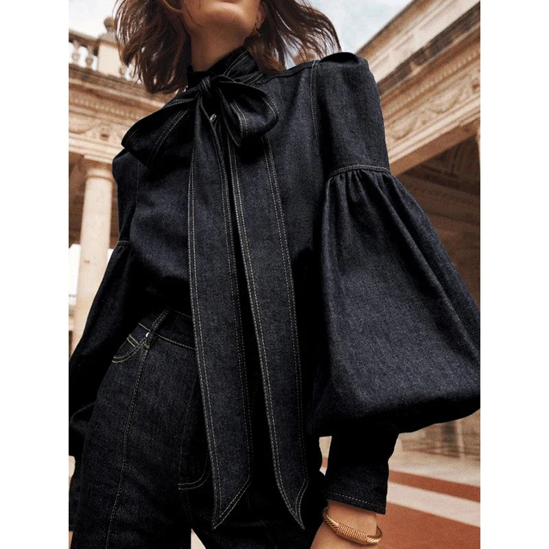 Denim Puff Sleeve High Neck Top
