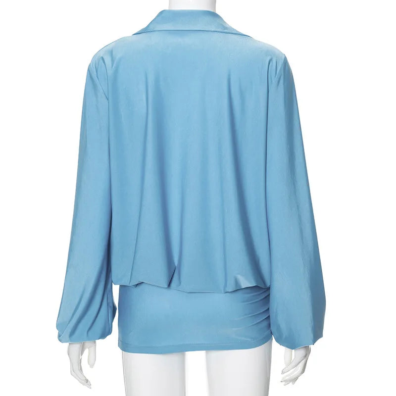 Plunge Long Sleeve Solid Color Mini Dress