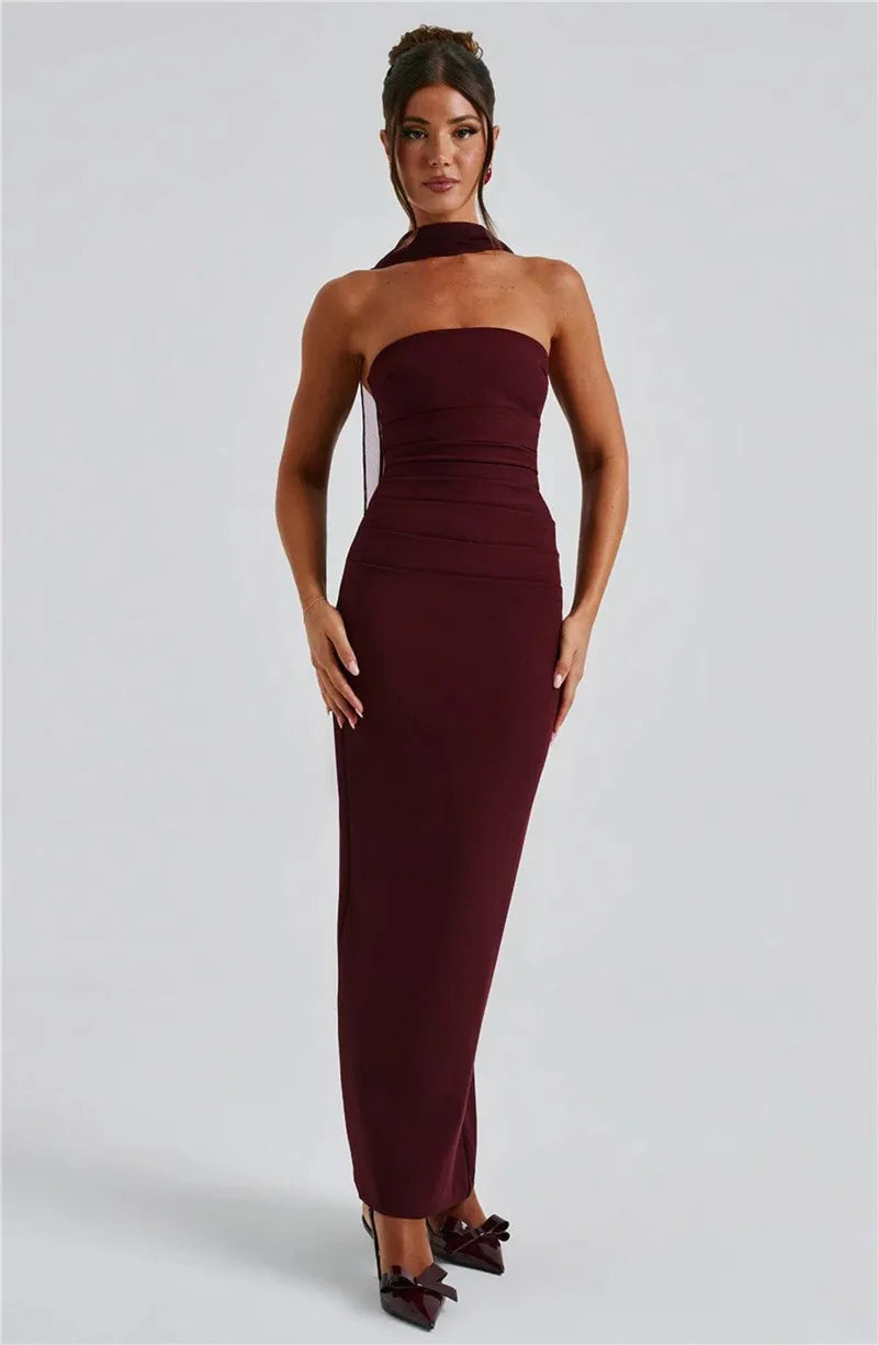 Scarf Collar Strapless Off-shoulder Long Dress