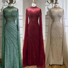 Beaded Lace Mermaid Gown with Cape Sleeves