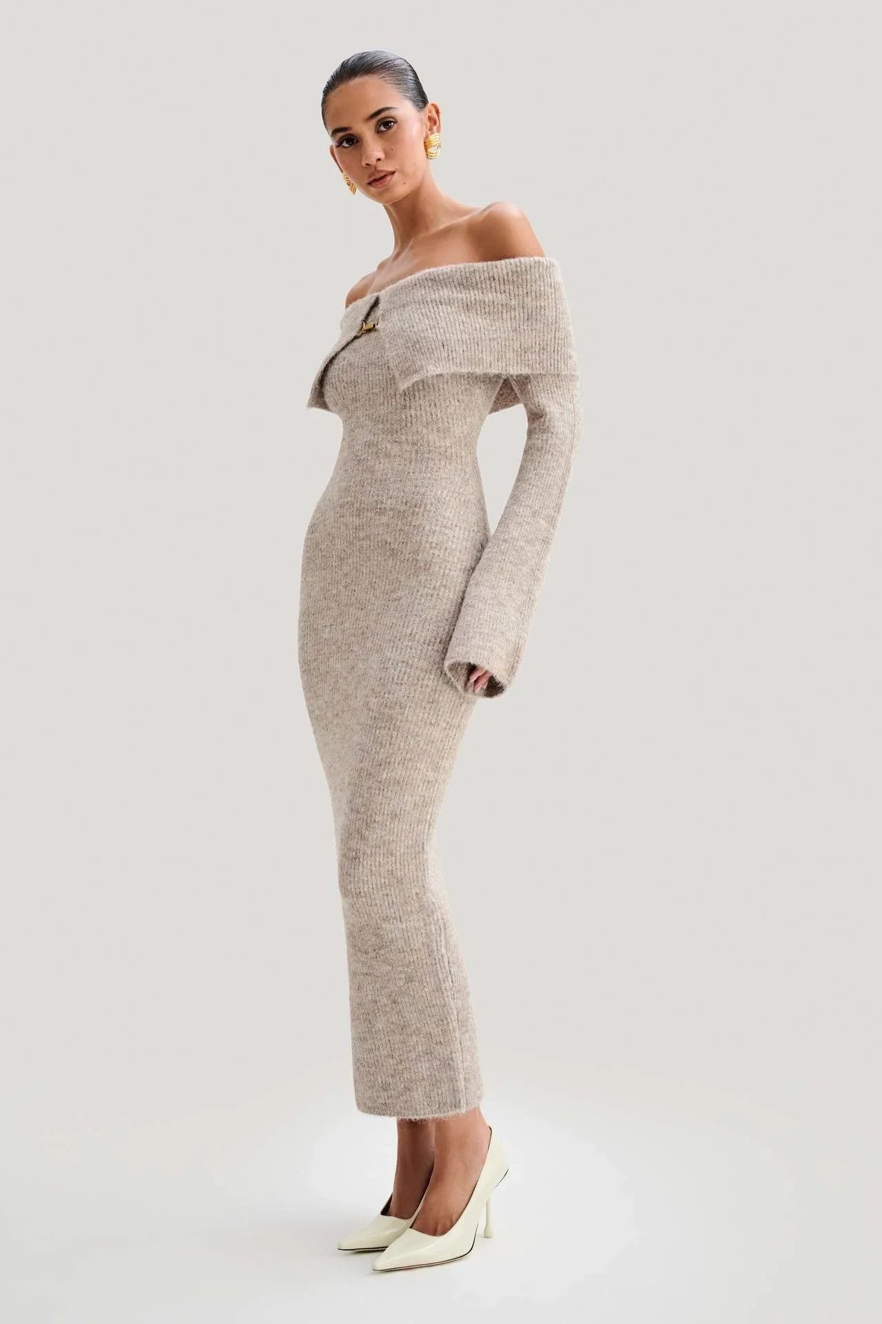 Fluffy Solid Knitted Off Shoulder Midi Dress