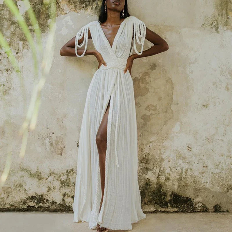 Solid Split Pleated Bandage Long Dress