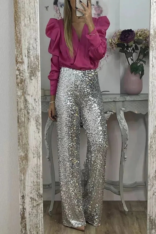 Satin Puff Long Sleeve Pleated Ruffled Tops