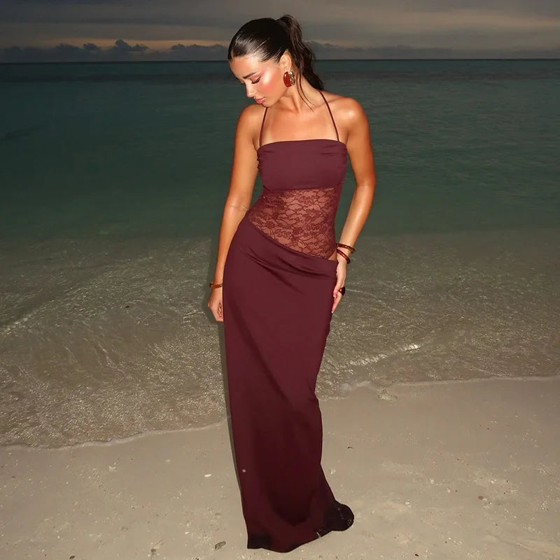 Spaghetti Strap Sheer Lace Hollow Out Long Dress