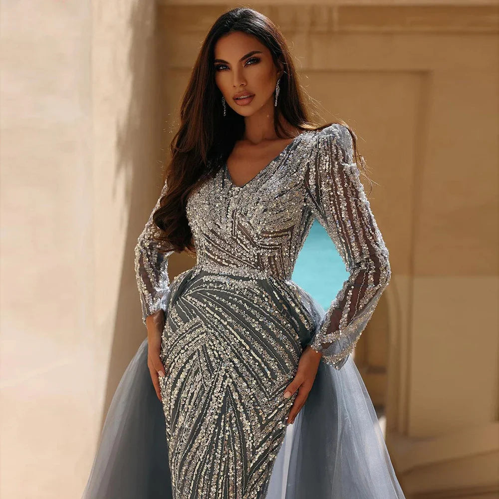 Blue Mermaid Beaded Long Sleeves Evening Gown