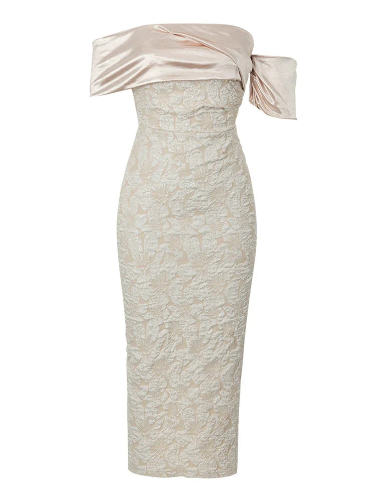 Slash Neck Embossed Flower Beige Dress
