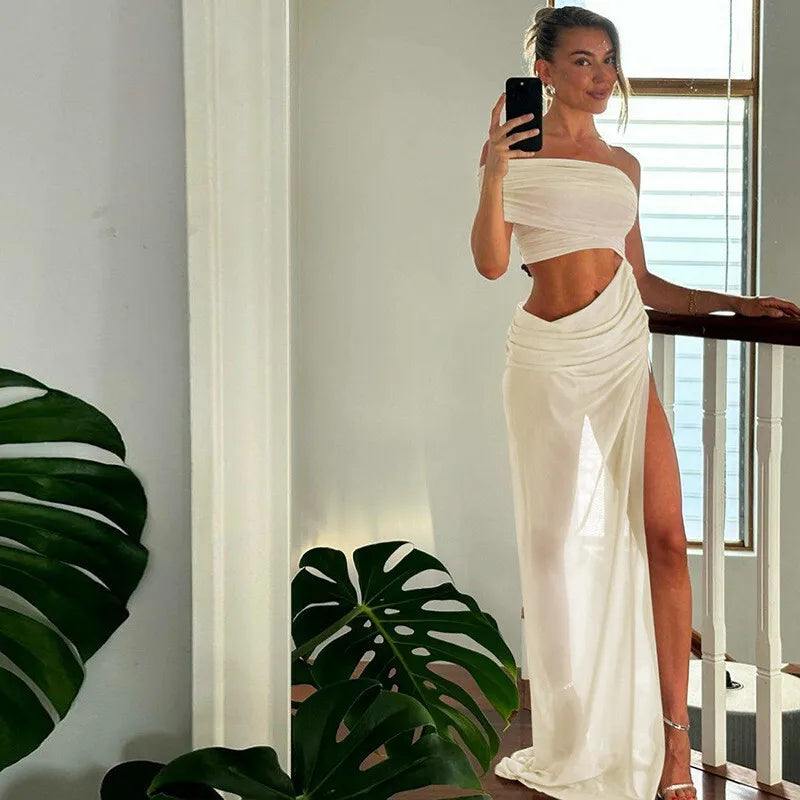 Mesh Backless One-Shoulder Long Dress