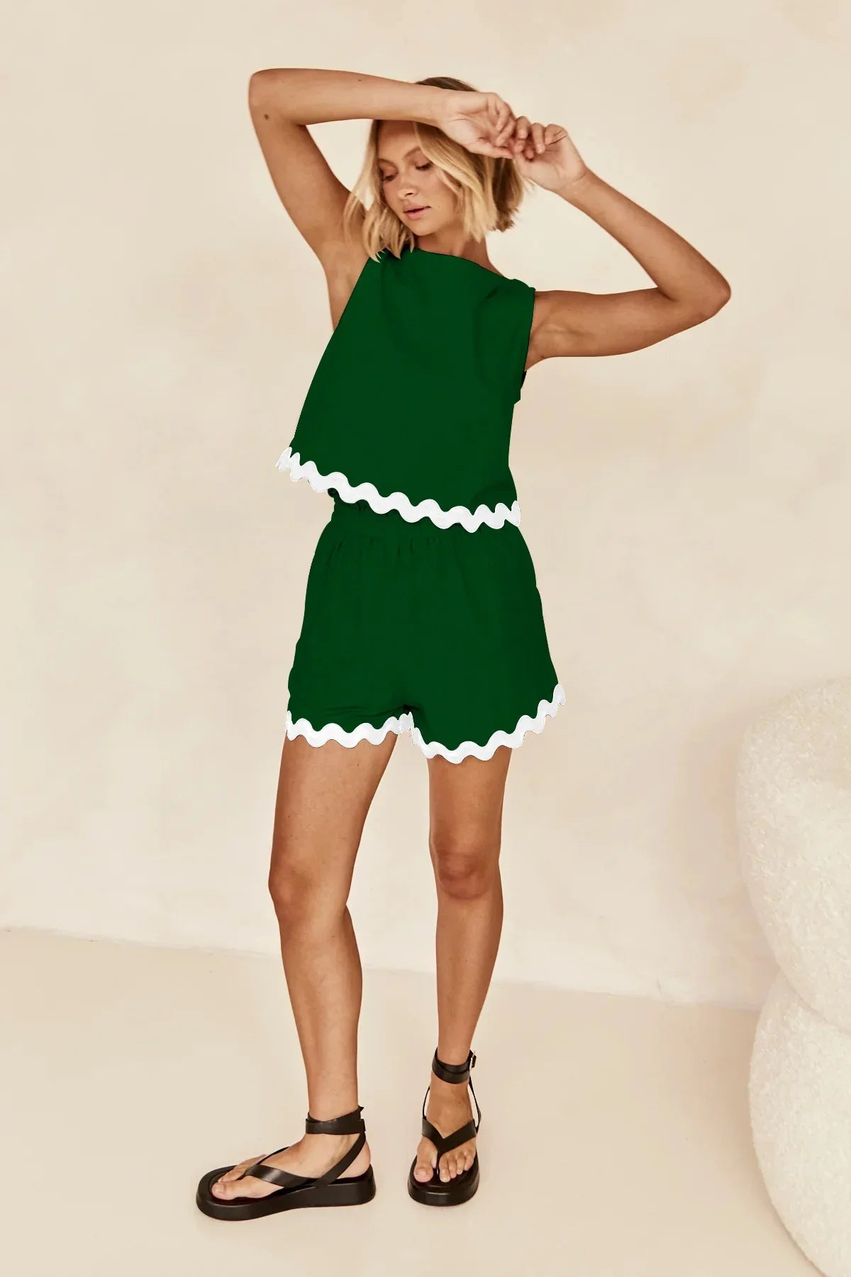 Wave Stripe Patchwork Tops High Waist Shorts Set