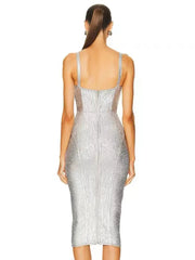 Spaghetti Strap Sleeveless Silver Midi Dress