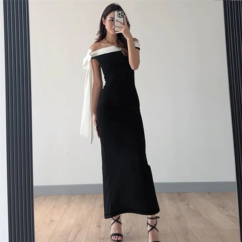 Diagonal Collar Backless Lace-Up Dress