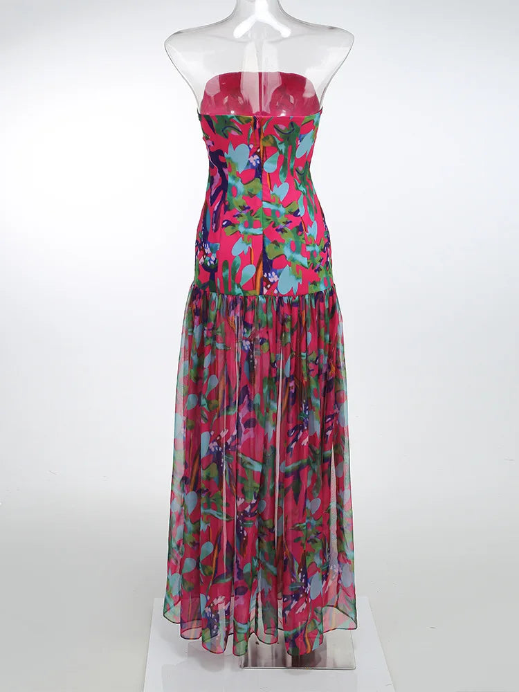 Strapless Retro Print Split Long Dress