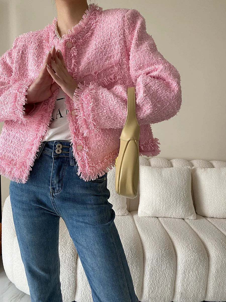 Pink Fringe Fur Shoulder Pad Tweed Blazer