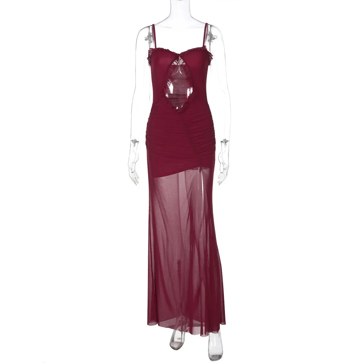 Mesh Patchwork Hollow Out Ruffled Long Dress