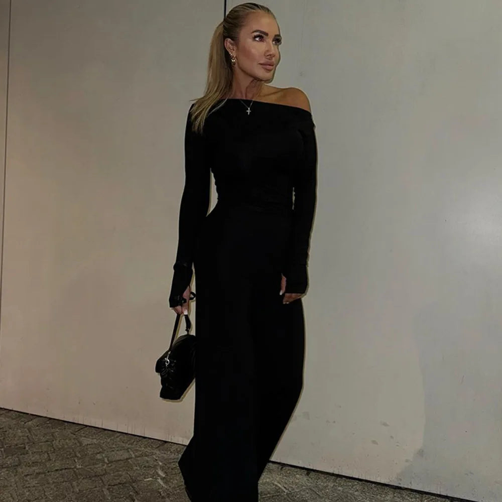 One Shoulder Flare Sleeve Top Long Pant Suit