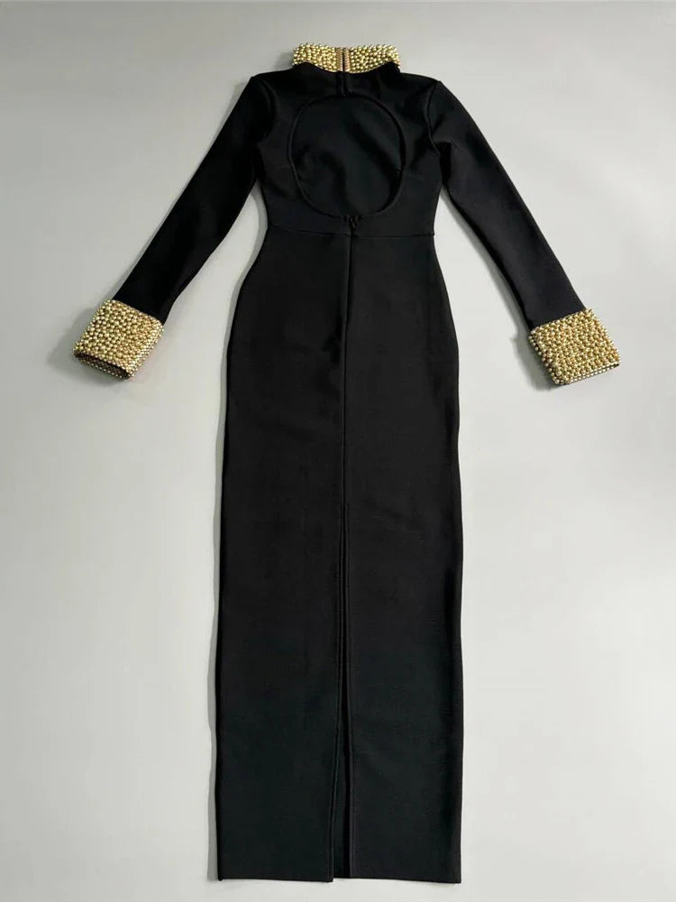 Turtleneck Gold Pearls Long Sleeve Dress