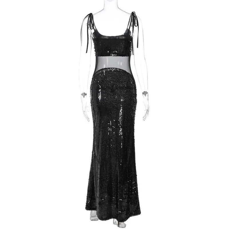 Sheer Mesh Spaghetti Strap Glitter Long Dress