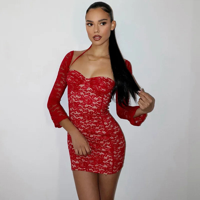 Red Lace Off-shoulder Bodycon Mini Dress