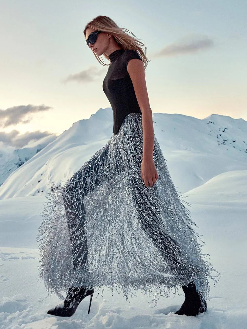 Black Fishbone Top Sequin Mesh Long Skirt Set