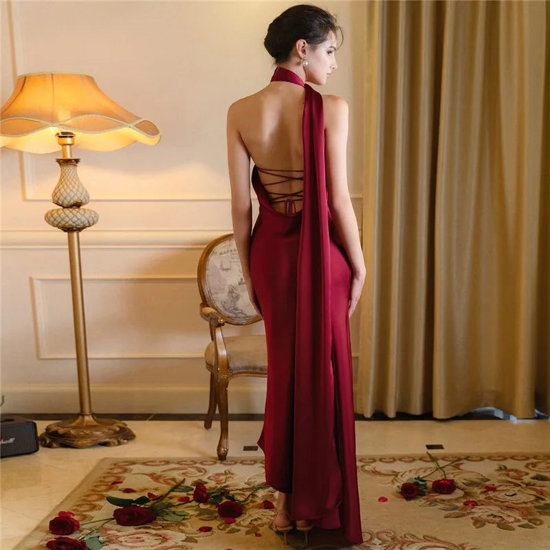 Scarf Collar Backless Solid Long Dress