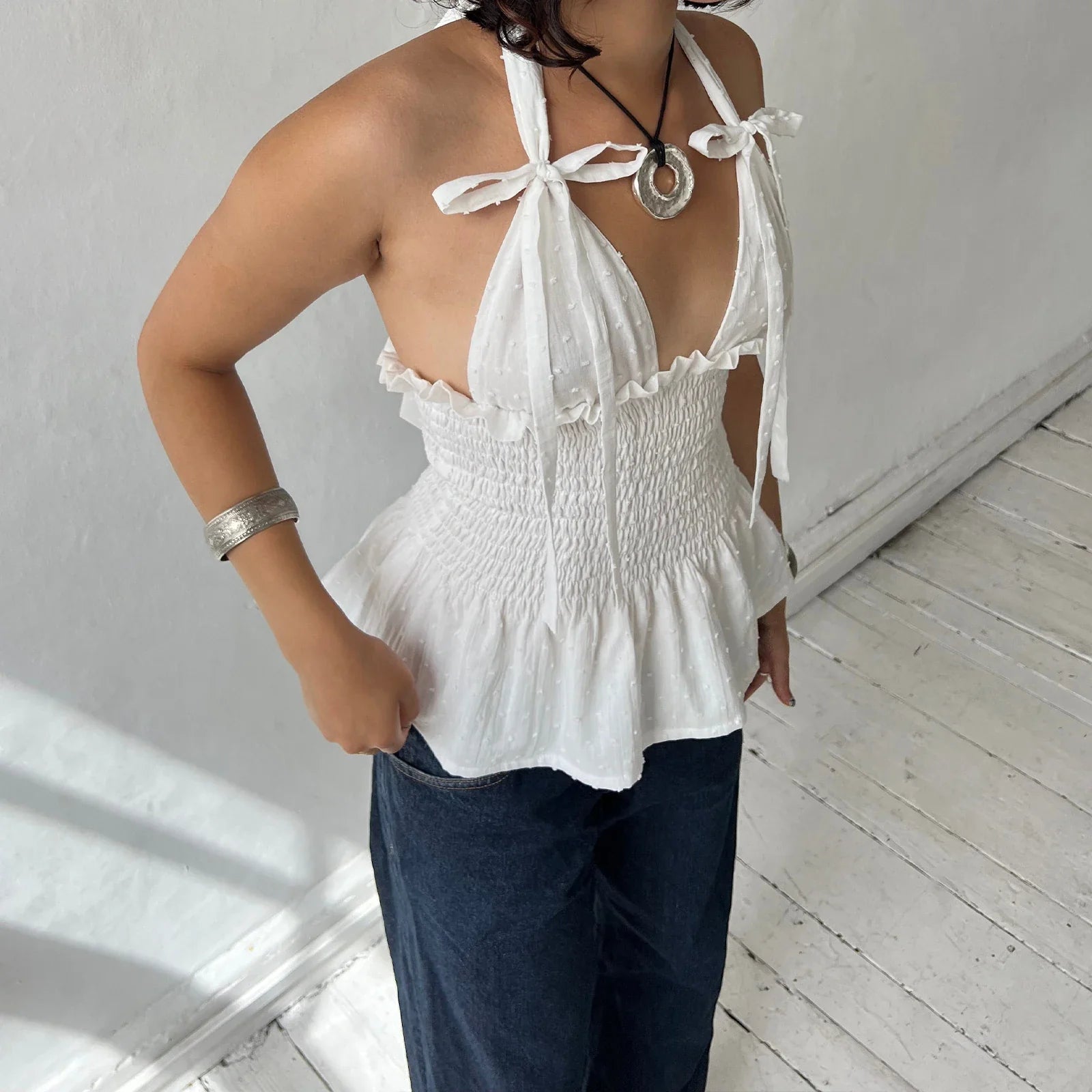 Floral Print/Swiss Dot Tie-Up Halter Backless Tops