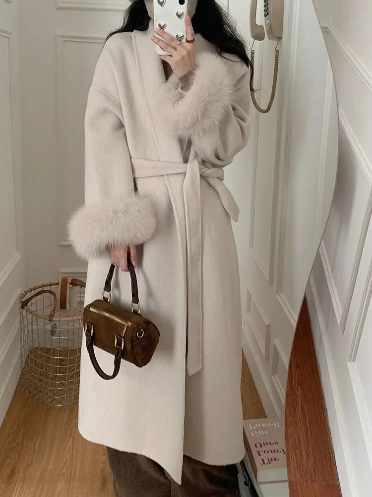 Lace-Up Fur Fluffy Lapel Long Sleeve Overcoat