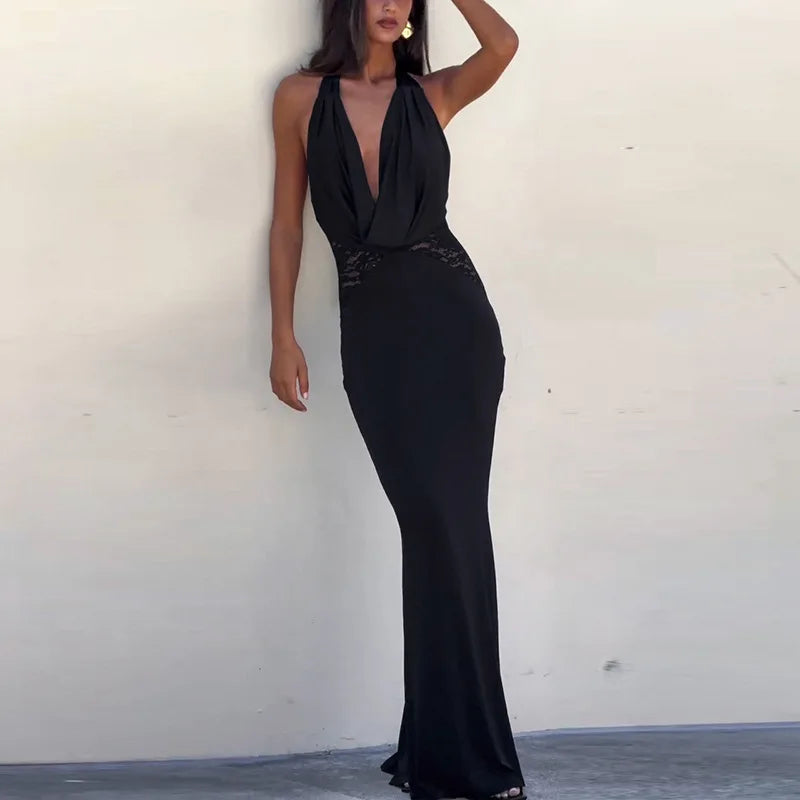 Halter Black Lace Off-shoulder Long Dress