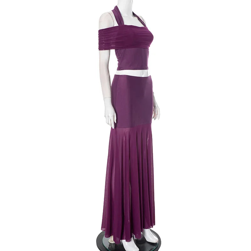 Purple Mesh Two-Piece Set with Sheer Halter Top and Long Skirt