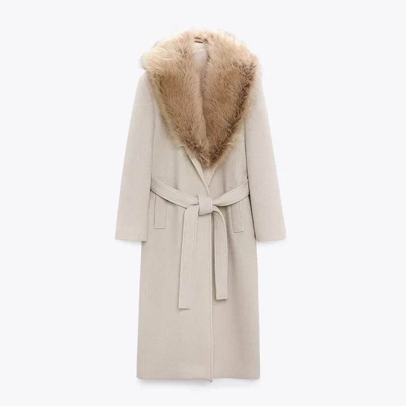 Elegant Fur Lapel Maxi Wool Overcoat