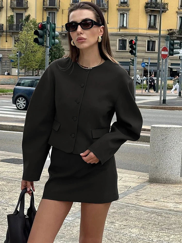 Round Neck Long Sleeve Jacket Mini Skirt Suit