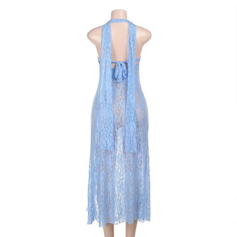 Sheer Lace Sash Halter Neck Ruffle Hem Dress