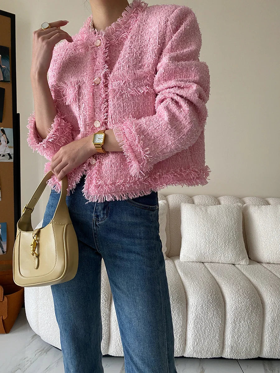Pink Fringe Fur Shoulder Pad Tweed Blazer