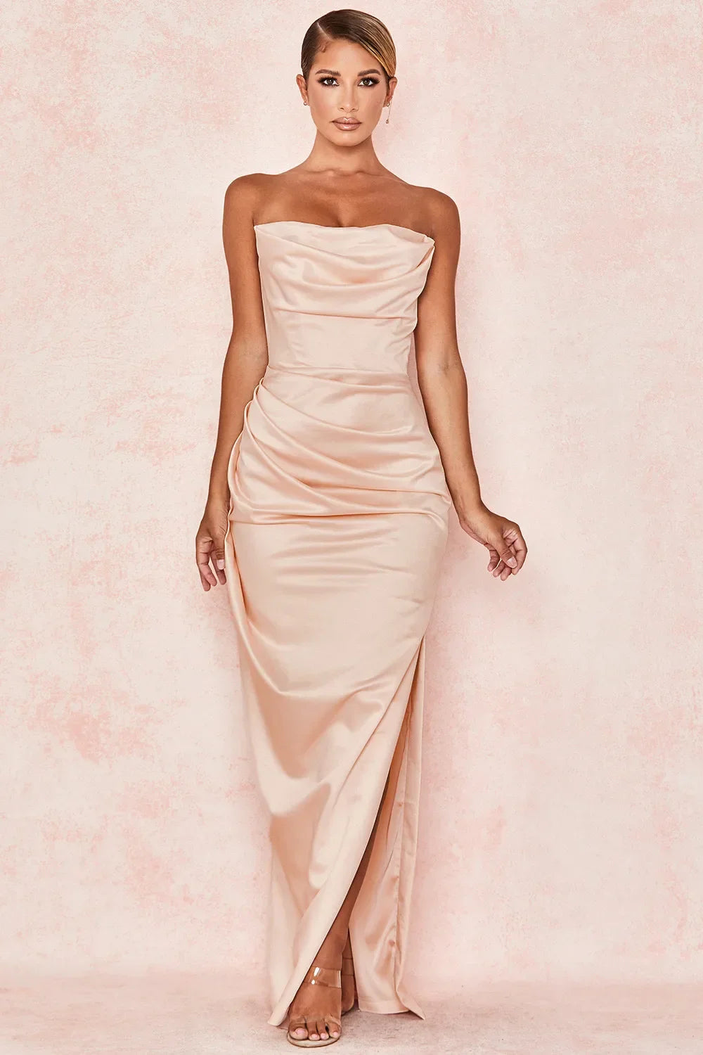 Satin Strapless Solid Ankle Length Dress