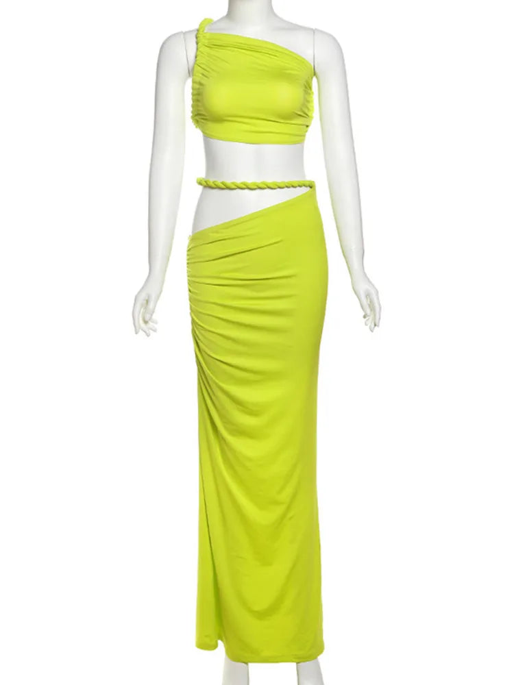 Green Oblique Shoulder Top Thigh High Split Long Skirt Set