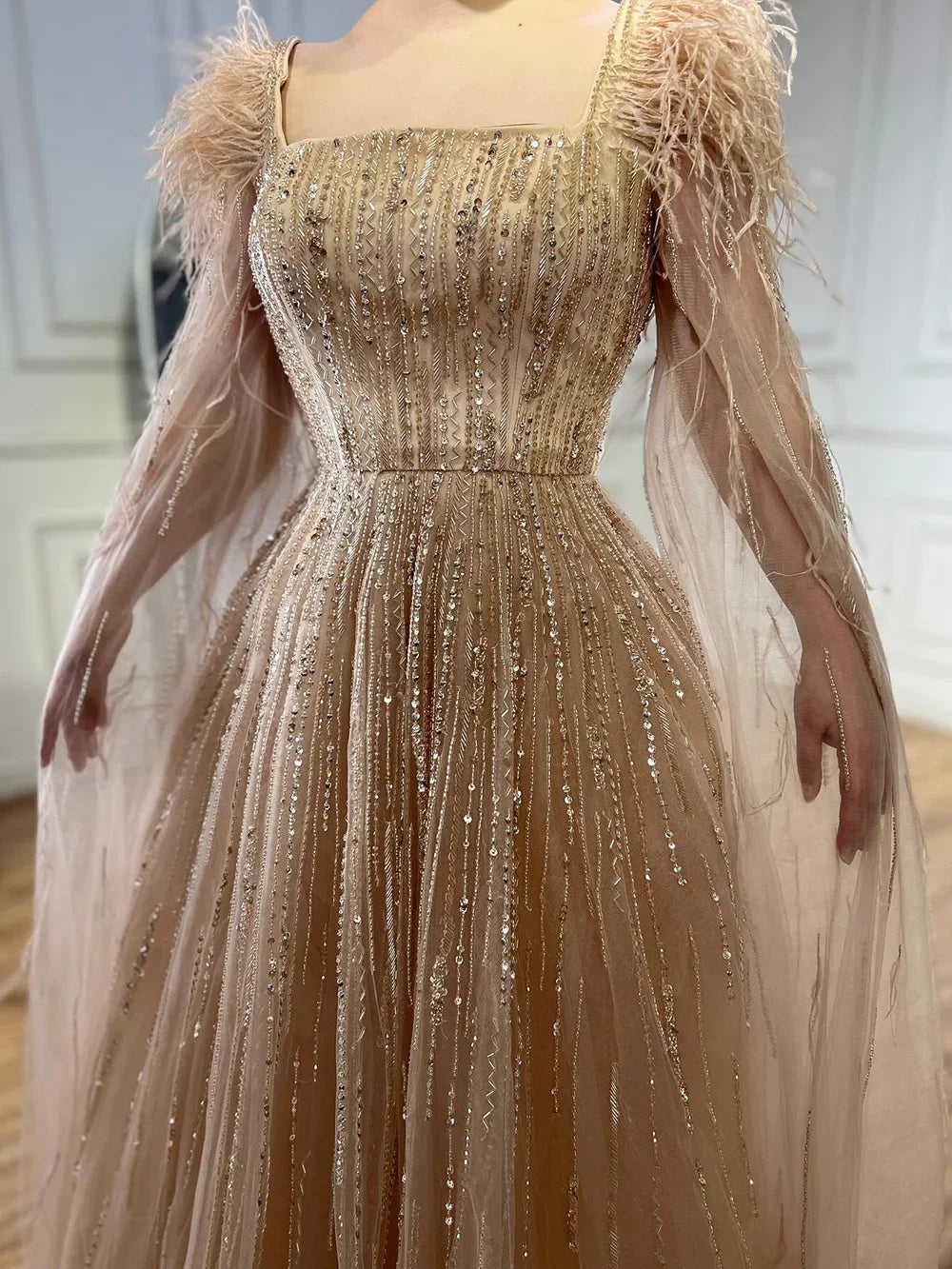 Cape Sleeves Feathers Beaded Evening Dresses