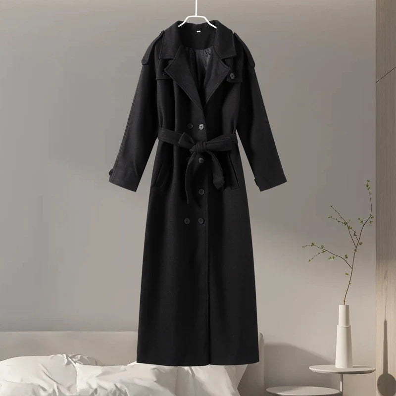 Wool Lace-Up Fur Lapel Thick Over Coat