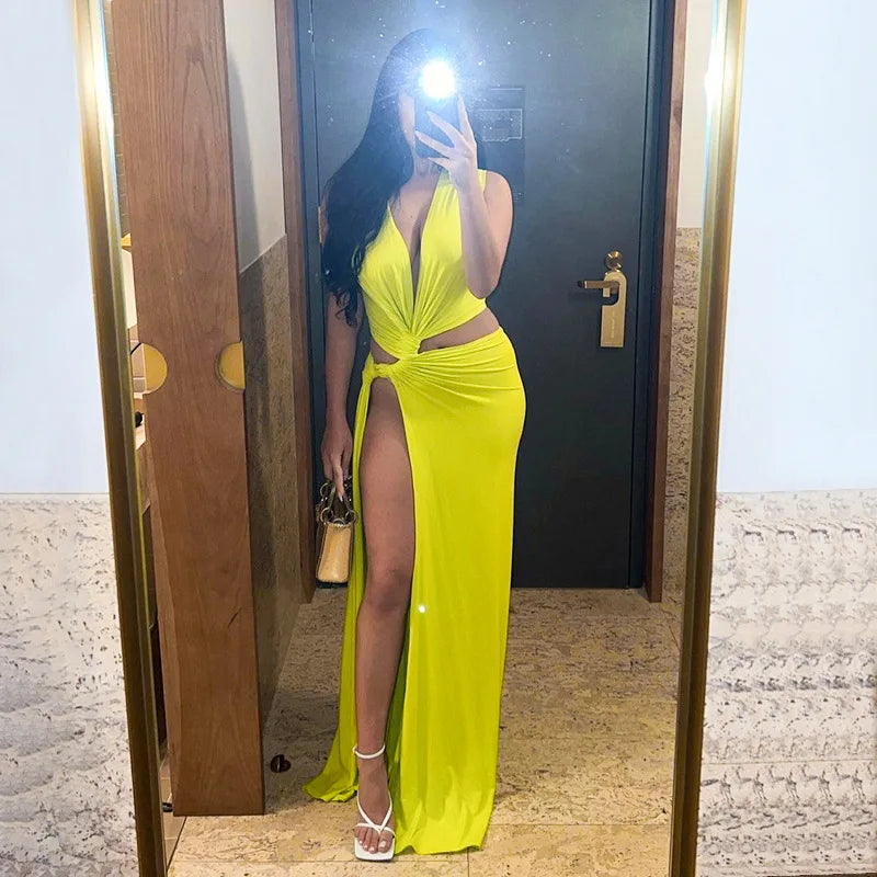 Deep V Cut Out Slit Asymmetrical Long Dress