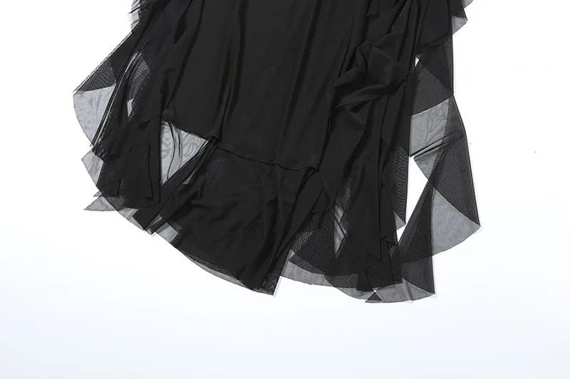 Black Deep Neck Open Back  Ruffled Maxi Dress