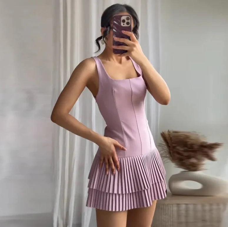 Square Collar Sleeveless Pleated Short Dress