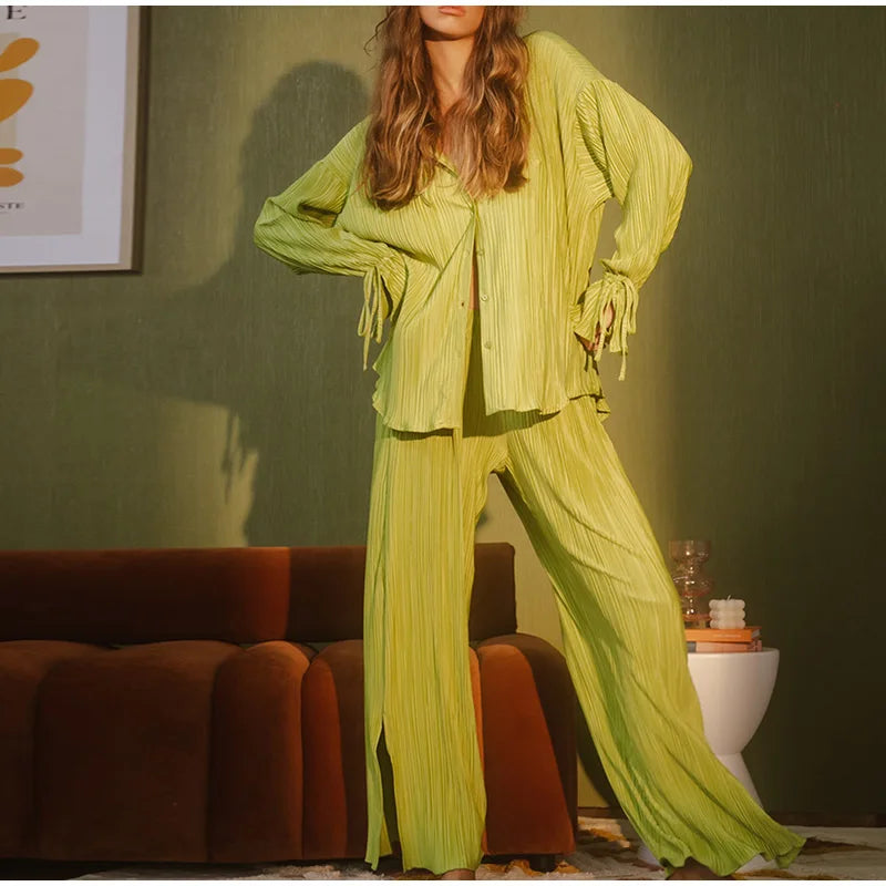 2 Piece Set Blouse Tops and Split Wide Leg Pants