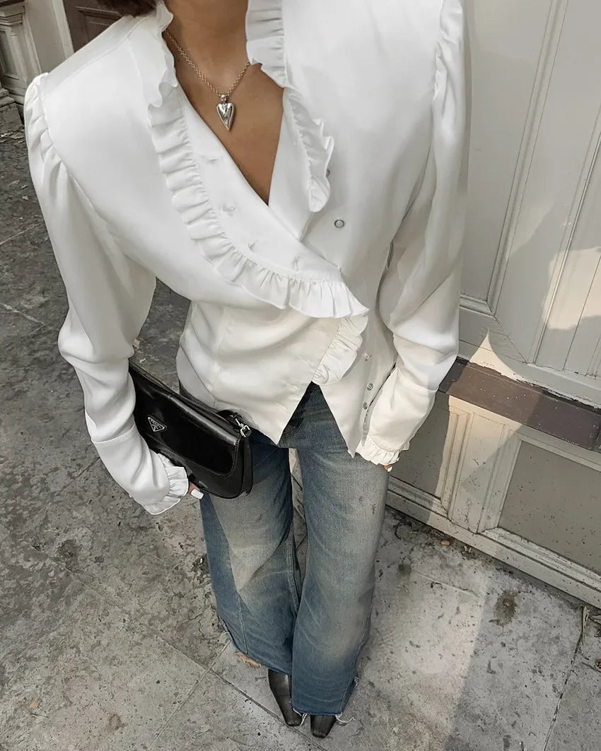 Women's White Ruffled Sleeve Cardigan Patchwork Blouse