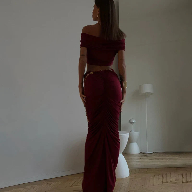 Off-shoulder Crop Top And Long Skirt Suit