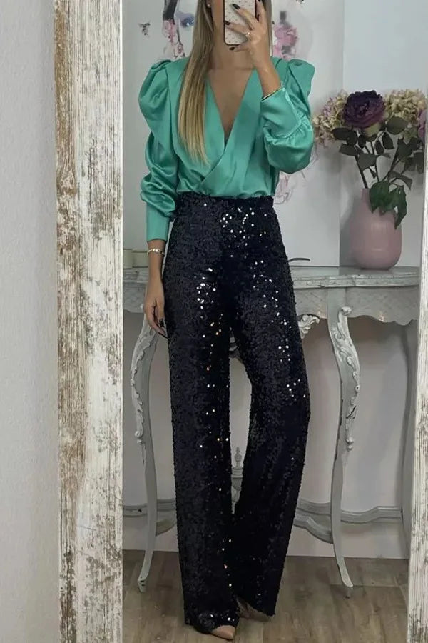 Satin Puff Long Sleeve Pleated Ruffled Tops