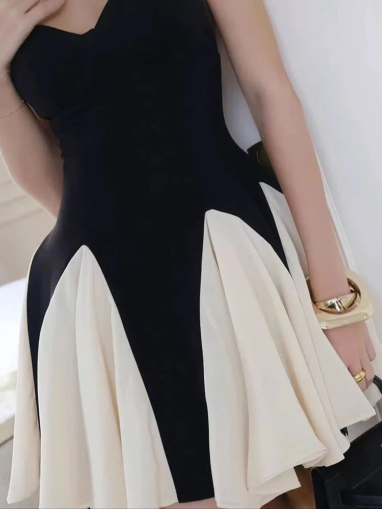 Spaghetti Strap Patchwork Contrast Color Mini Dress