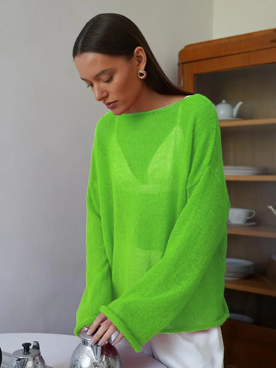 Hollow Solid See-through Long Sleeve Knitted Top