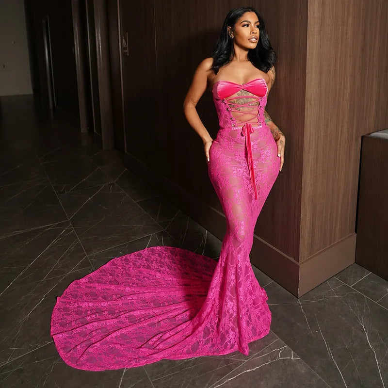 Lace Up Hollow Out Corset Tube Maxi Dress