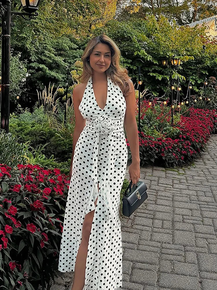3D Flowers Polka Dot Print Backless Dress