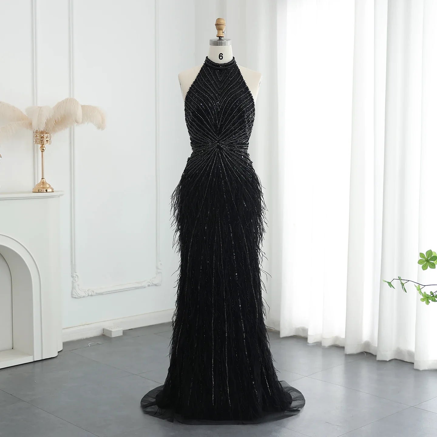 Beaded Feathers Mermaid Halter Backless Gown