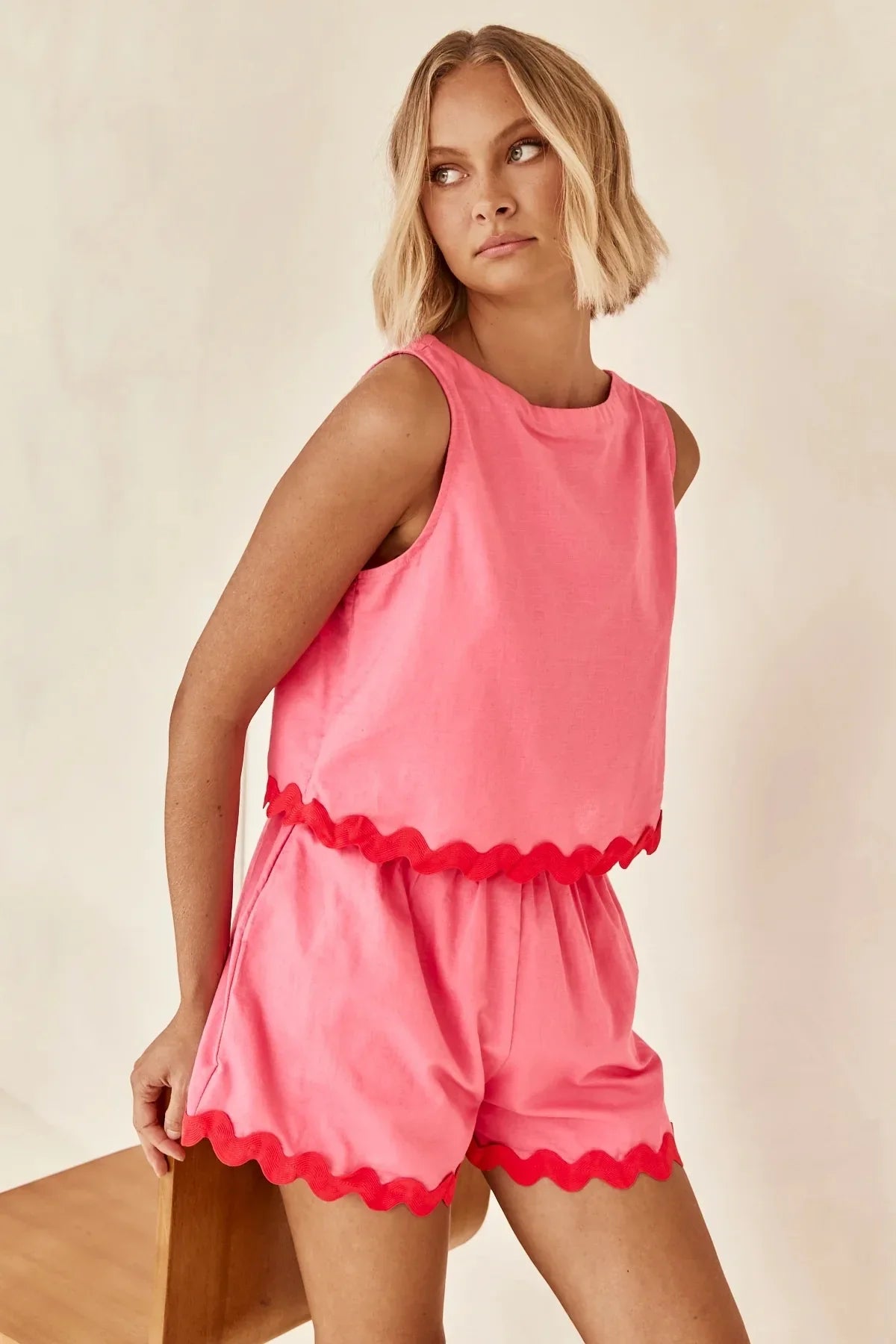 Wave Stripe Patchwork Tops High Waist Shorts Set