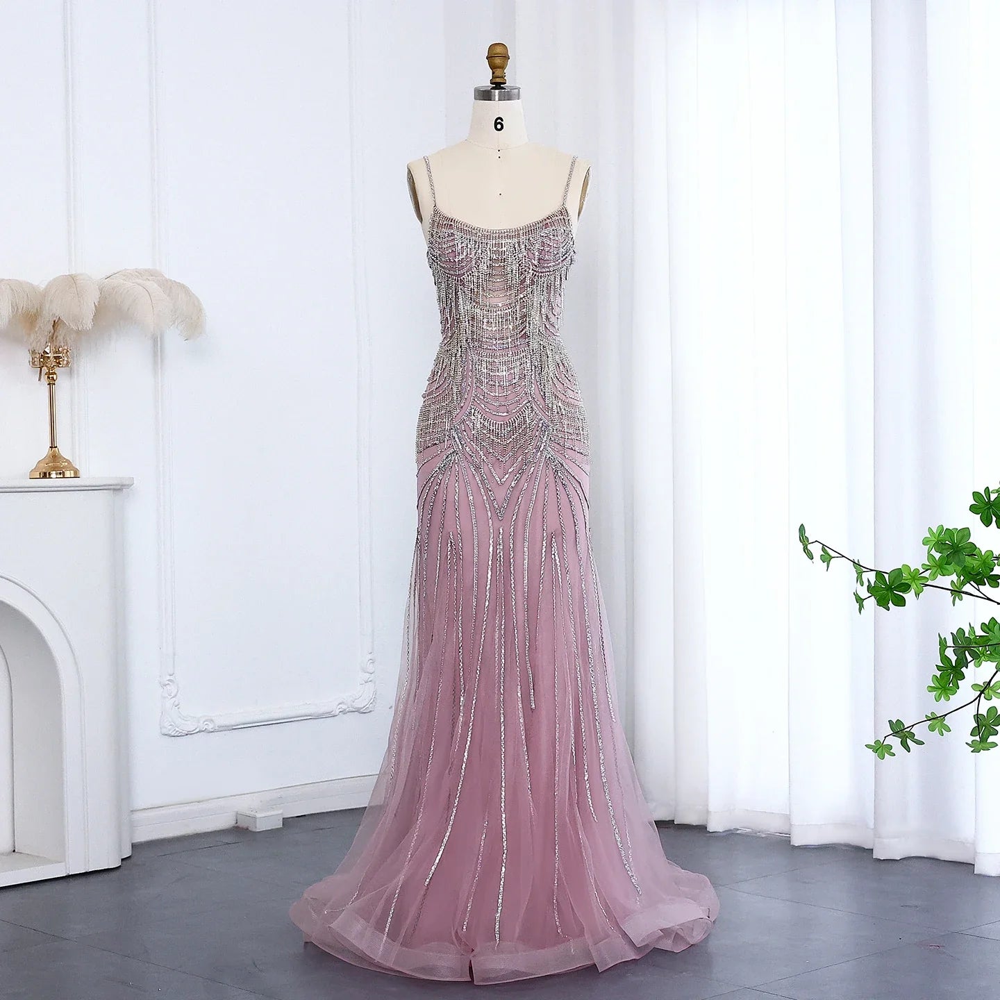 Crystal Tassel Mermaid Spaghetti Straps Gown